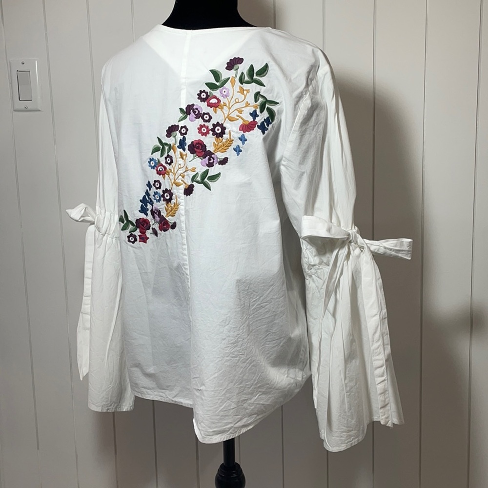 Velvet Heart White Blouse with Multicolor Floral Embroidery